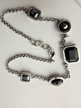Statement Necklace Black Onyx Bezel Stones in Silver